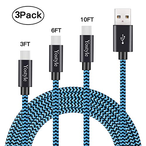 Yostyle USB Type C Cable, USB C to USB A Charger(3/6/10ft,3pack),Nylon Braided Fast Charger Cord Compatible Samsung Galaxy S10 S9 S8 Plus, Note 8 9,Moto Z Z2,LG V30 V20 G5 G6,Pixel,Nintendo Switch