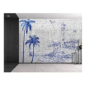 Gray Brickwall with a Blue Sketched Lighthouse and Palm Trees - Wall Mural, Removable Sticker, Home Decor - 66x96 inches