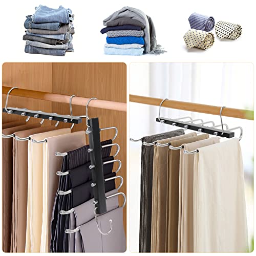TAOPE Trouser Hangers Space Saving, 2 Pack Stainless Steel Hangers Pants Organizer, Non-Slip Closet Storage Organizer, 5 in 1 Scarf Holder for Skirts Jeans Scarves Belts Towels Ties Leggings - Black