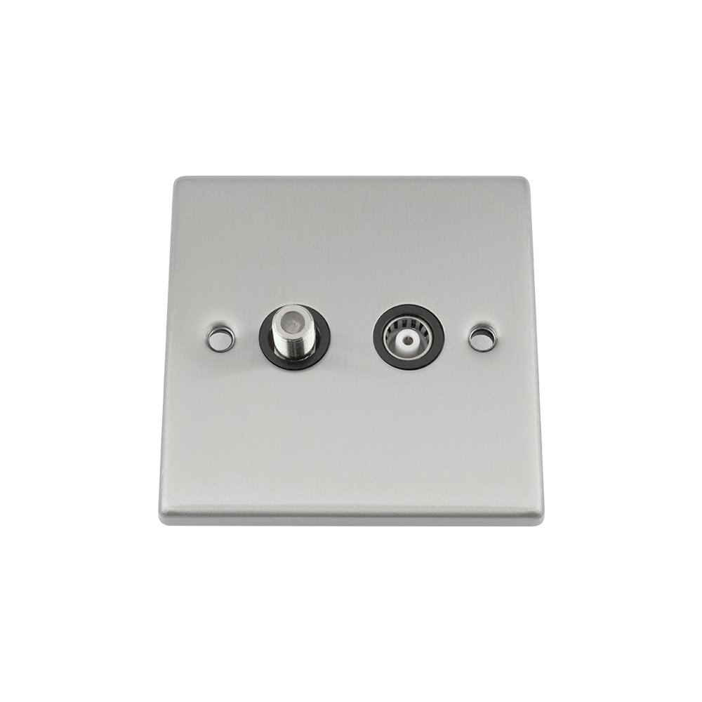 TV Aerial + Sky Satellite Socket - Satin Chrome - Black - Square