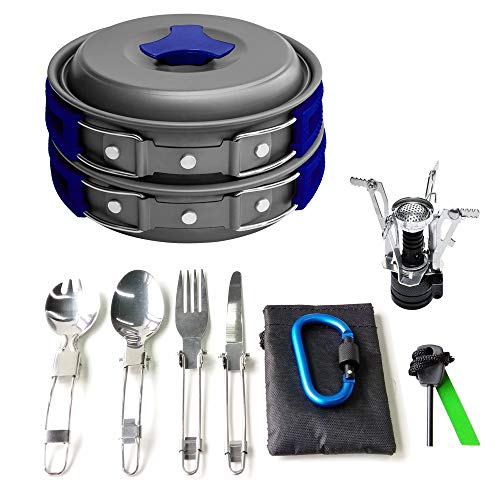 Gold Armour 17 Pieces Camping Cookware Mess Kit Backpacking Gear & Hiking Outdoors Bug Out Bag Cooking Equipment Cookset | Lightweight, Compact, Durable Pot Pan Bowls (Blue)