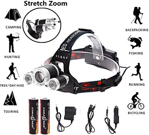 Lethu LED Headlamp Headlight Flashlight - Zoomable Super Bright , 4 Modes 3 XM-L CREE T6 LED, Rechargeable Batteries, Adjustable - Outdoor Hiking Camping Riding Fishing Hunting (silver)