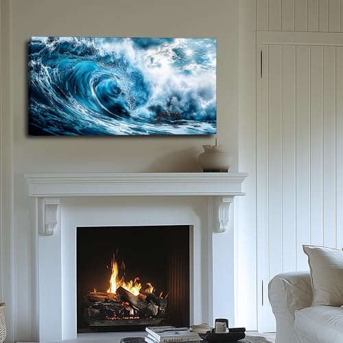 hyidecorart Large Modern Living Room Decorations, 73 x 146 cm, XXL Decorative Canvas, Wall, Bedroom, Decorative Wall Sheets, Strong Waves, Blue Wall Art, Dining Room, Office, Hallway, Bathroom