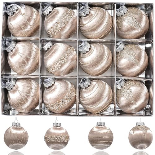12 Pcs Luxury Christmas Ball Ornaments Set - 3.15 Inch Shatterproof Silk Satin Xmas Ball Decorations with Sequins, Balls for Christmas Tree Champagne