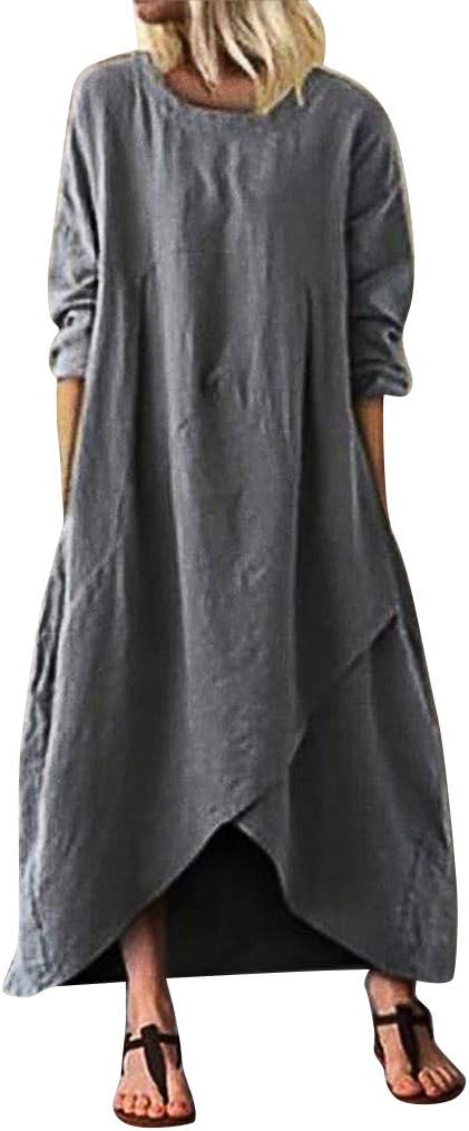 Casual Women Dresses Long Sleeves O-Neck Slit Irregular Hem Plus Size Long Dress,Ladies Cotton Linen Dresses Solid Color Round Neck Dress,N~5XL