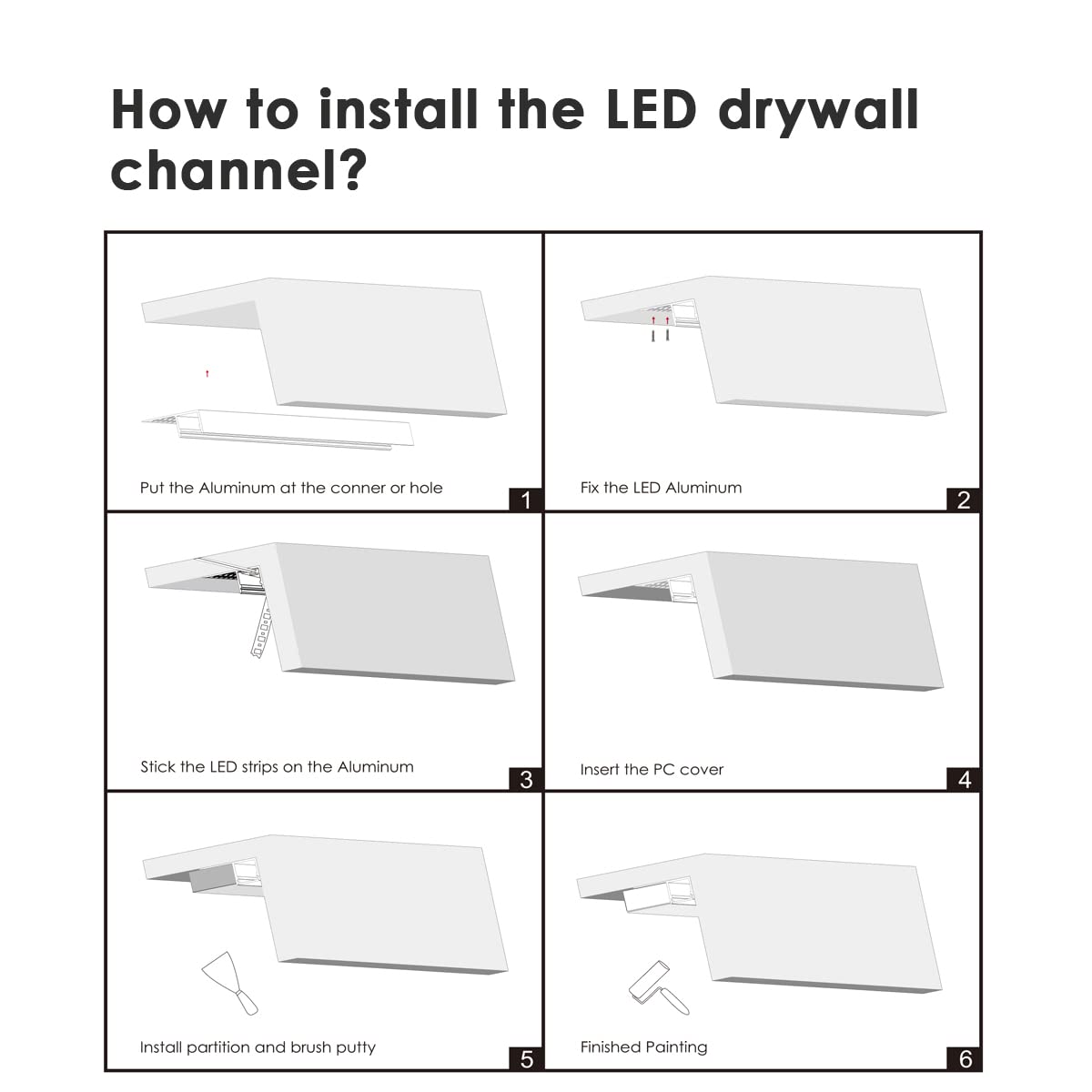 6Pack 6.6Ft 2M PCS LED Light Diffuser Aluminum Channel Trimless Recessed Plaster