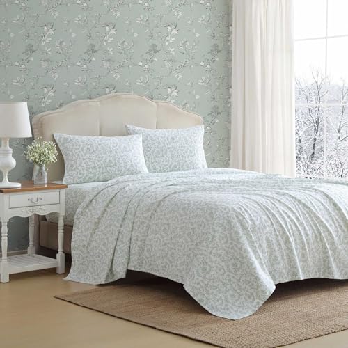 Laura Ashley - Queen Bed Sheets, Cotton Flannel Bedding Set with Matching Pillowcases, Brushed for Extra Softness, Deep Pocket, Oeko-Tex Certified (Brinna Green)