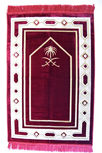 Interway TradingVelvet Prayer Rug Mat - Red Turkish Ramadan Eid Sajadah, Namaz Janamaz Carpet