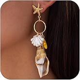 Boho Big Conch Starfish Seashell Dangle Earrings for Women, Dainty 14K Gold Sea Shell Circle Drop Stud Earring Holiday Beach Beachy Jewelry Accessories