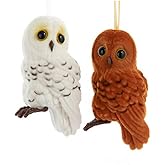 Kurt Adler Flocked Snowy Barn Owl - 3.5 Inch Brown/White Resin and Polyester Christmas Tree Ornament; Set of 2
