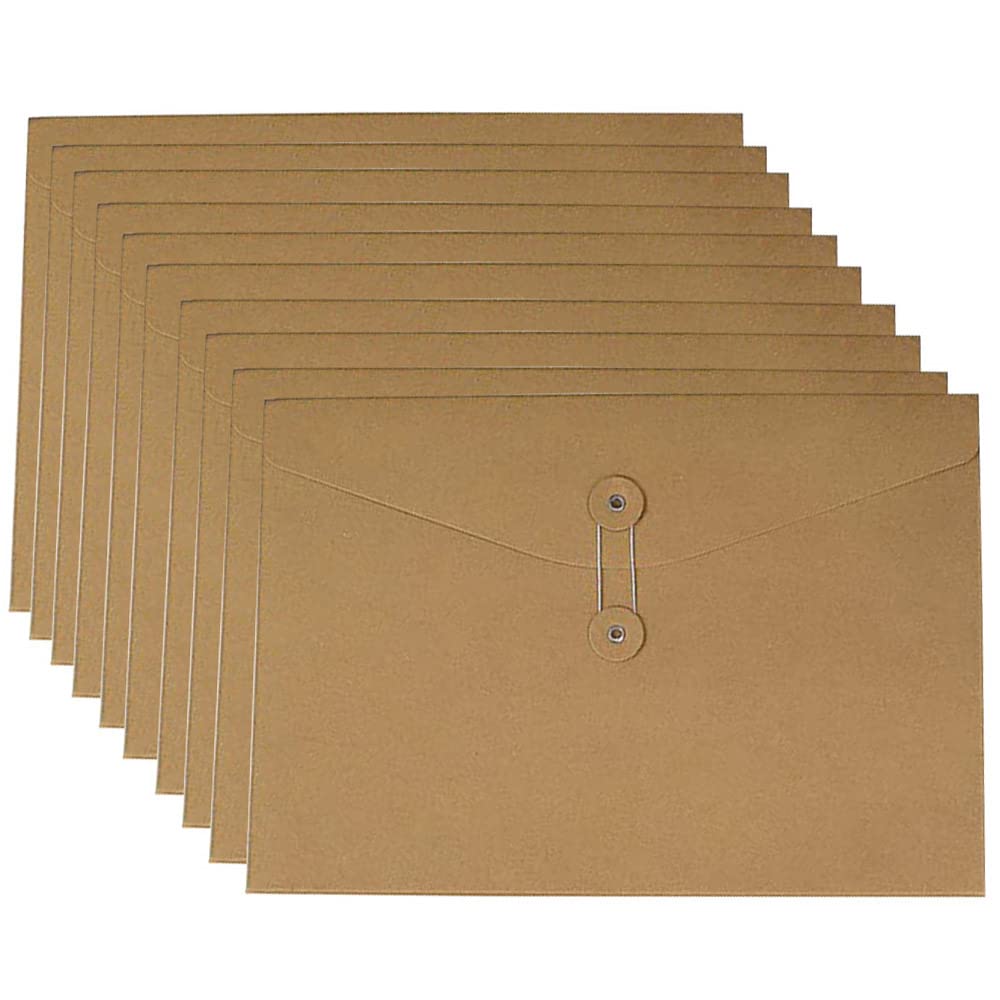 DZOZO 10-Pack Kraft Paper File Bags Horizontal Document Bags Line Buckle Information Bags A4 Super Thick Rope Cord Closure Kraft Paper Envelope File Bag Tab Classification Folders