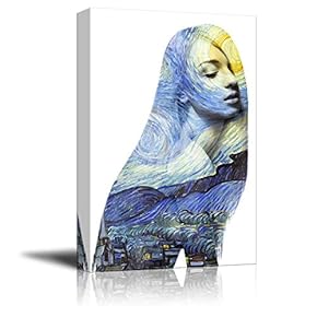 Double Exposure with Starry Night Painting and Woman