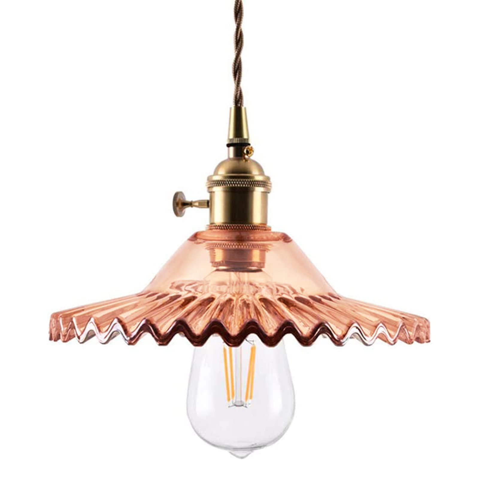 HJXDtech Mini Pleated Glass Pendant Light Retro Loft Bar E27 Hanging Lamp Industrial Vintage Brass Finish & Fabric Cable Ceiling Lighting Fixture (Amber)