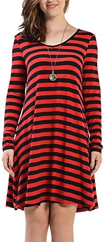 Sigain Women's Long Sleeve Tunics T-Shirt Jumper Loose Swing Casual A Line Flowy Striped Dress,Black+Red Stripes