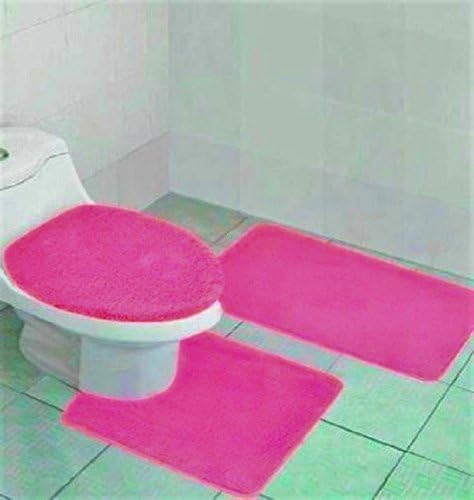 (BS6) 3 Piece Solid Bathroom Rug Set Includes, Contour Mat + Lid Toilet Cover + Bath Mat Ultra Absorbent with Anti-Slip Backing in Asortted Colors (HOT Pink)