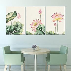 3 Panel Watercolor Painting Style Pink Lotus Flowers...