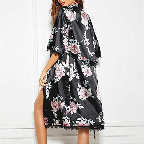 CofeeMO Women's Floral Print Kimono Silk Satin Pajamas,Fashion Lace Half Sleeve Ladies Long Sleepwear(Black,M)