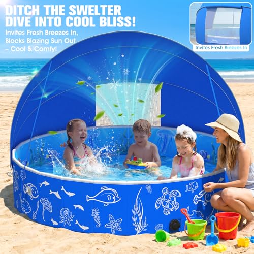 Luxfero Children's Swimming Pool with Canopy, Children's Pool with Sun Shield, Thickened Foldable Paddling Pool for Children, Anti UV, Easy to Store, Family Pool for Garden Beach, 130 x 130 x 30 cm