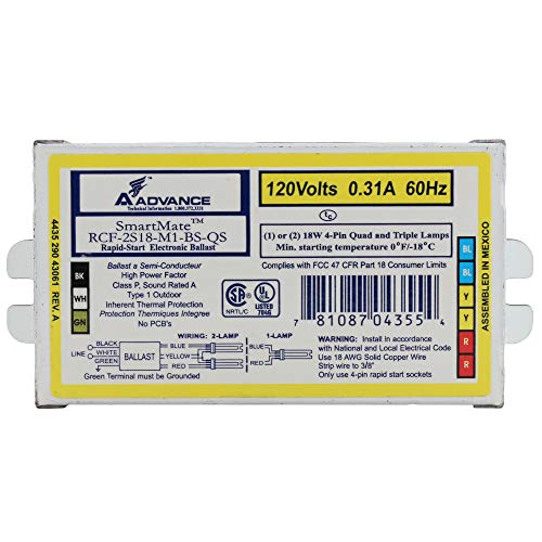 Advance RCF-2S18-M1-BS-QS Compact Fluorescent Ballast, 2-Lamp, 18W, CFL 4-Pin, 120V
