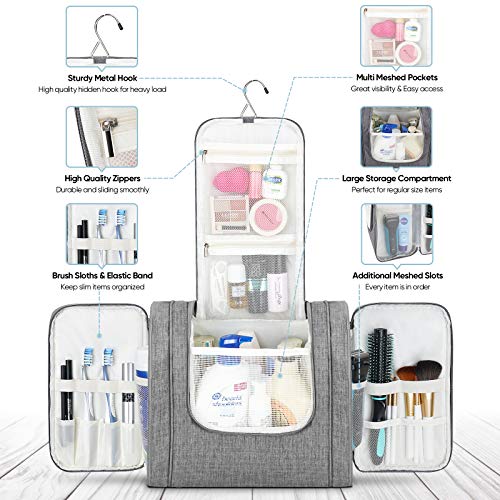 BALEINE Large Toiletry Bag for Women and Men, Water-Resistance Cosmetic Bags for Toiletries with Hanging Hook, Makeup Organizer for Travelling (Gray) 2 BALEINE Large Toiletry Bag for Women and Men, Water-Resistance Cosmetic Bags for Toiletries with Hanging Hook, Makeup Organizer for Travelling (Gray)