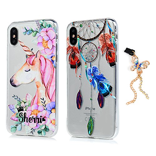 iPhone X Case, YOKIRIN 2 Pcs Clear Emboss Painted TPU Soft Bumper Anti-Scratch Shockproof Anti-fingerprint Slim-Fit Protective Skin Cover for iPhone X with Tassel Dust Plug, Unicorn & Dream Catcher