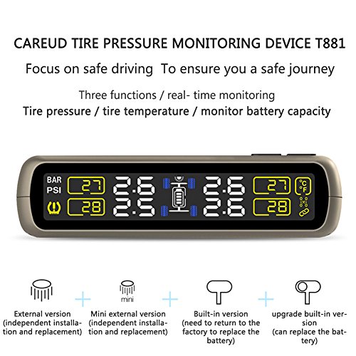 Catinbow TPMS Tire Pressure Monitoring System, Solar Power Tire Pressure Gauge with 4 Internal Sensors Automotive Wireless Connection Real-Time Tire Pressure Monitor for Vehicle (Black)
