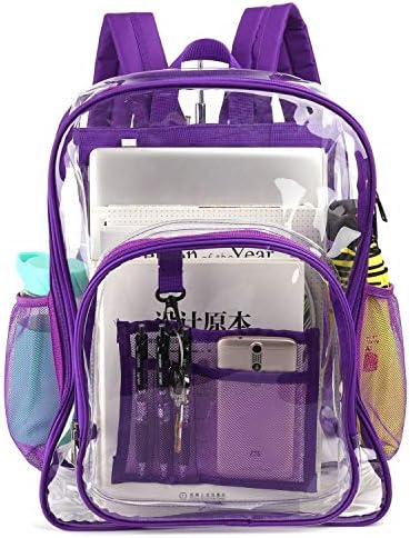 HDWISS Clear Kids Backpack Transparent Casual Daypack See Through Bookbag for School Sports Work Stadium Travel etc - Purple
