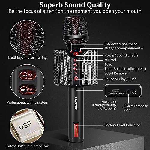 LAVESO Karaoke Microphone, Bluetooth Wireless Mic with Loud Speaker for
