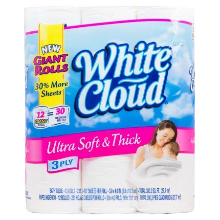 White Cloud Ultra Soft & Thick Bath Tissue - 12 Giant Toilet Paper Rolls, 3-Ply Toilet Paper, 231 sheets