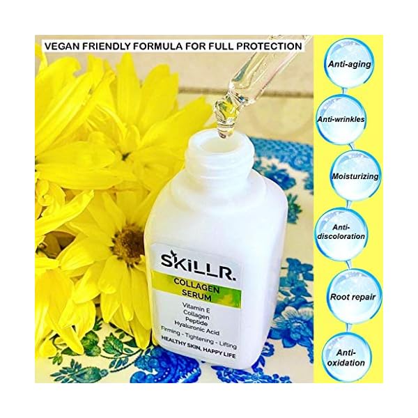 SKILLR-ORGANICS-Collagen-Serum-for-Face-and-Eye-with-Peptides-Hyaluronic-Acid-and-Vitamin-E-Oil-Facial-Moisturiser-Cream-for-Women-Anti-Aging-Skin-Care-Anti-Wrinkle-Beauty-Products1oz Collagen Face Serum with Peptides, Hyaluronic Acid and Vitamin E Oil -Facial Moisturiser Cream for Women/Men -Natural…