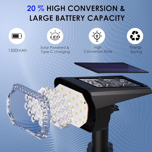 Quntis 4 x Outdoor LED Solar Spotlights 28 LEDs with Lenses, 6 Modes Solar Garden Lights, 3 Colour and USB-C Charging, Powerful Outdoor LED Spotlight Solar Lights for Courtyard Trees
