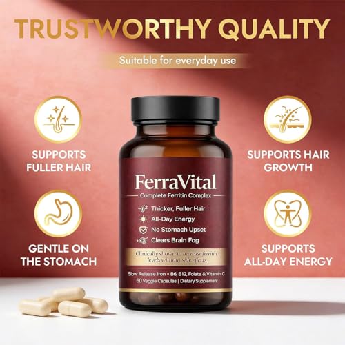 FerraVital Ferritin Support Iron Supplement for Women – Supports Healthy Iron & Energy Levels – with Ferrous Glycine,Vitamin C, B12, B6, Folate, Zinc & Probiotics – 60 Capsules(1pc)