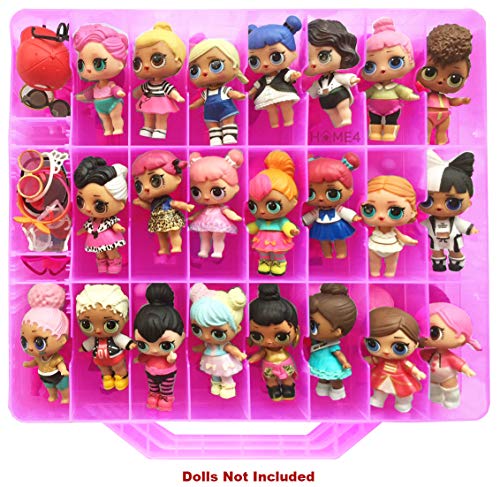 HOME4 Double Sided Storage Container - Toy Organizer Case - 48 Compartments - Perfect for Small Dolls and Toys - Dolls Not Included (Pink)