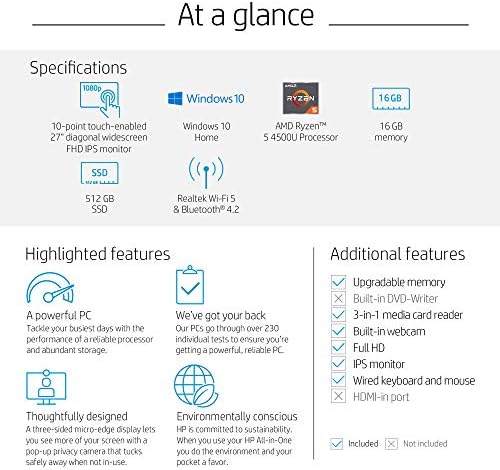HP 27-inch Touchscreen All-in-One Desktop Computer, AMD Ryzen 5 4500U Processor,16 GB RAM, 512 GB SSD, Windows 10 Home (27-dp0160, Silver) 6 HP 27-inch Touchscreen All-in-One Desktop Computer, AMD Ryzen 5 4500U Processor,16 GB RAM, 512 GB SSD, Windows 10 Home (27-dp0160, Silver)