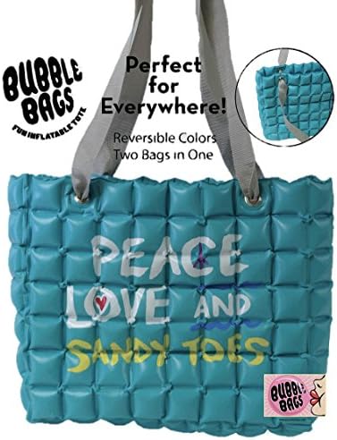 Bubble Bags Fun Inflatable Tote, Peace Love And Sandy Toes, Sky Blue