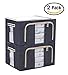JJMG Stackable Storage Box Polka Dots Oxford Cloth Steel Frame Shelf Quilt Clothing Blanket Pillow Shoe Holder Container Organizer See-through Window double zipper Folding - Dark Blue (2 pack x 66L)