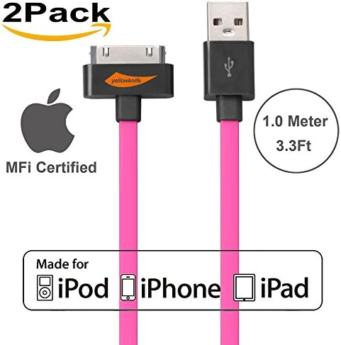 [Apple MFI Certified] 2Pack Yellowknife® 3.3ft/1m Noodle Flat 30Pin to USB Data Sync Charger Cable Charging Cord for Apple for iPhone 4s 4 3GS iPad 1 2 3 iPod Touch 4th iPod Nano 6th Gen - Hot Pink