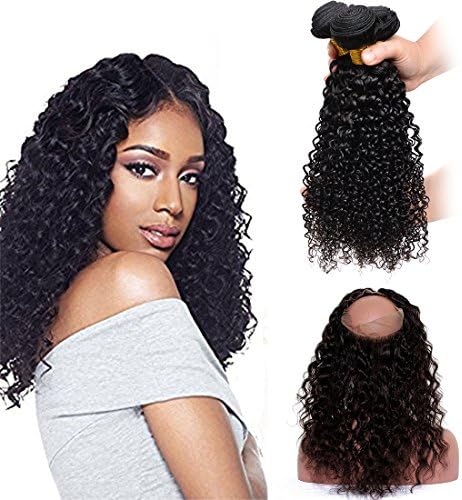 360 Full Lace Frontal Closure With 3pcs Human Hair Weave Bundles Malaysian Curly Wave Virgin Hair Extensions (10 12 14 with 10, Black Color)