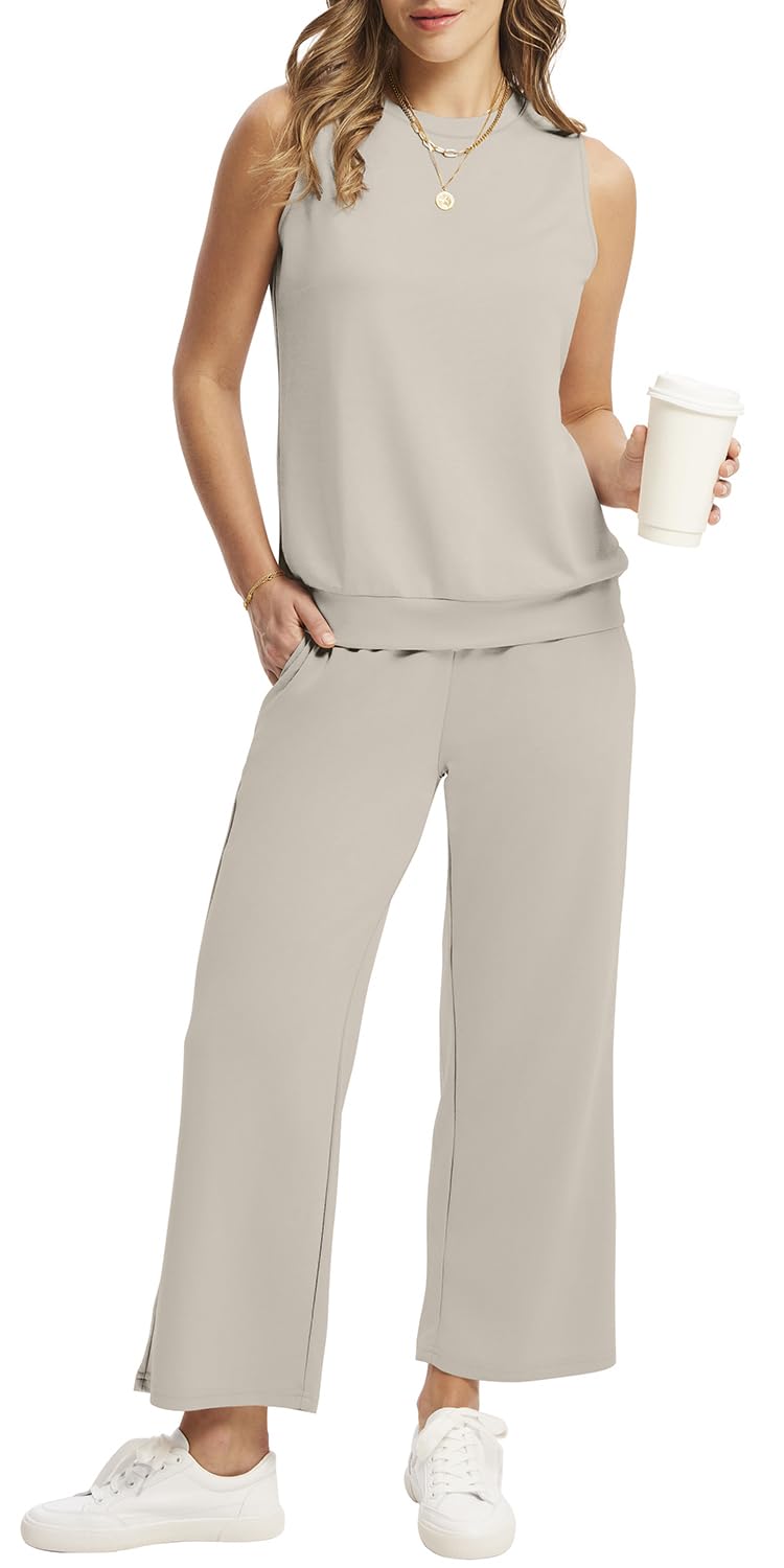 Photo 1 of **DIRTY**WIHOLL Lounge Sets for Women Pant Sets Women 2 Piece Outfits Summer Clothes Vacation Outfits Wrinkle Free Travel Clothes Beige S