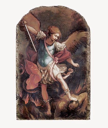 Catholic Patron Saint Michael Arched Icon Tile Plaque with Stand, 8 1/2 Inch