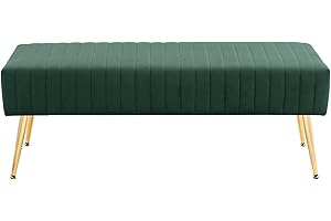 Furniliving 44 Inch Entryway Bench, Upholstered Tufted Striped Fabric Ottoman Bench with Polished Gold Metal Legs for Living Room, Solid Wood Indoor Bench for Foyer (DarkGreen)