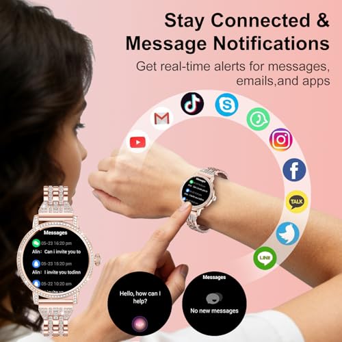 Fitoncloud Smart Watch for Women with Diamonds (Answer/Make Calls), 1.27" Display with Heart Rate/SpO2/Sleep Monitor, IP68 Waterproof Fitness Watch for Android & iPhone, 3 Bands, Rose Gold