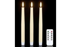 GenSwin Flameless Taper Candles with Remote Timer, Real Wax LED Flickering Candlesticks Battery Operated 3D Wick for Wedding, Party, Home(Ivory, 9.84", Set of 3)
