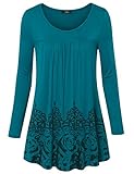 Laksmi Long Sleeve Shirt Women, Vintage Floral Print Scoop Neck A Line Flare Hem Loose Fit Tunic Tops,Dark Cyan X-Large