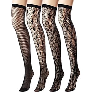 51TN6JtwW3L. SS300 Chengu 4 Pares de Medias de Malla Medias de Muslo-Alto de Encaje Negras de Mujeres Calcetines de Seda Altas 51TN6JtwW3L. SS300