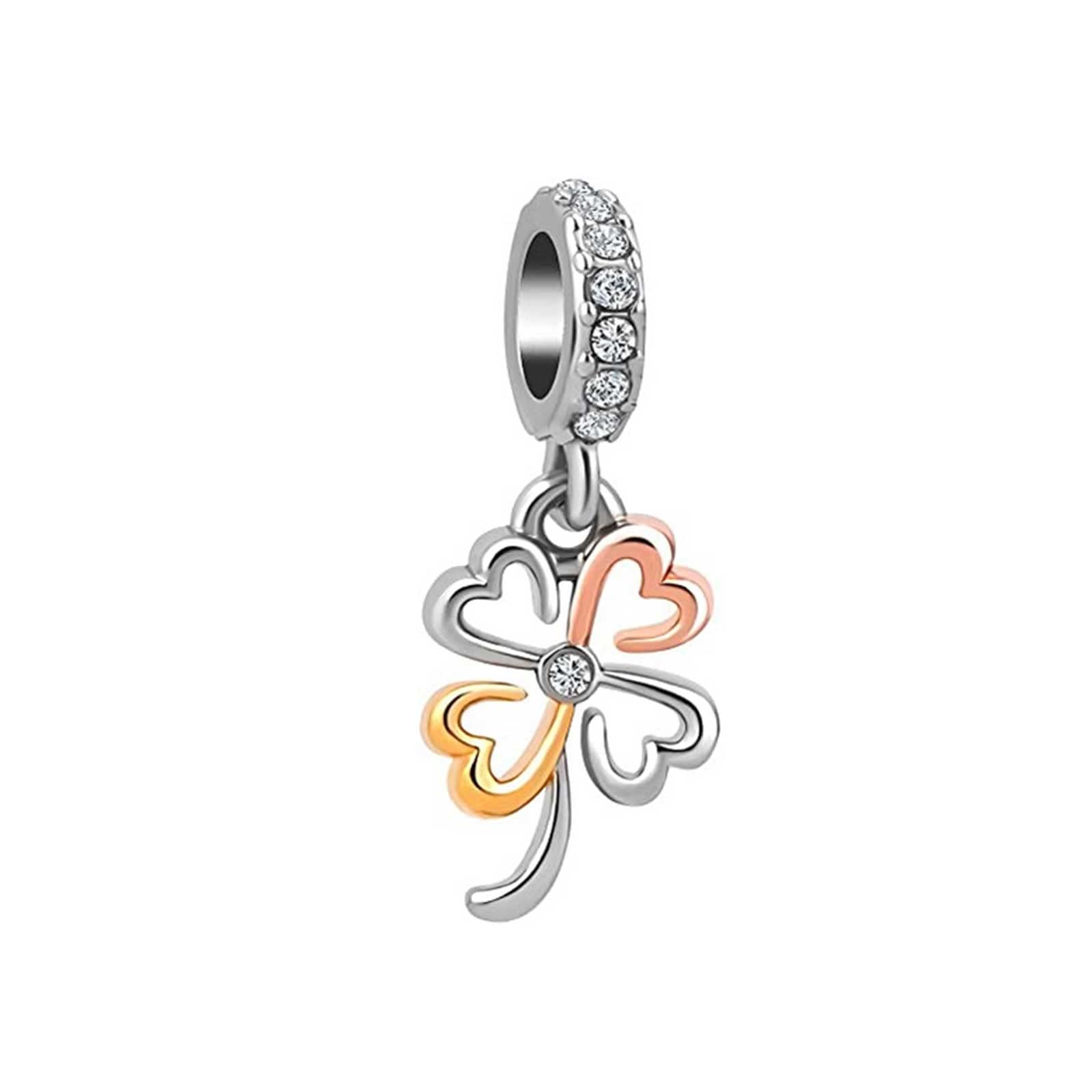 KunBead Jewelry Four Leaf Clover Good Luck Gold Tone Crystal Dangle Birthday Charms Compatible with Pandora Bracelets Necklace