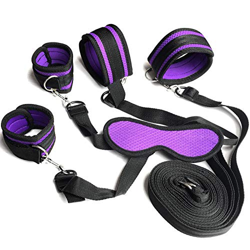 6 Piece Bondage Restraints Set Kit for Bed and Under Bed Sex Play SM Bondage Toy Gear Cuffs Handcuff Eye Mask Leg Ankle Wrist Rope Strap On Harness for Women Couples Lesbian Female,Purple