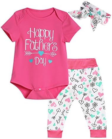 3PCS Happy Father's Day Baby Girls' Love You Outfit Set Flower Arrow Romper (Pink, 0-3 Months)