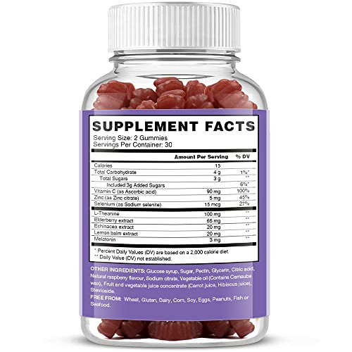 VEGEPOWER Immune Sleep Gummy - Melatonin & Elderberry, Echinacea, L-theanine, Lemon Balm, Zinc, Vitamin C, Immune and Sleep Support for Adults, Vegan - Rasp Flavor, 60 Bears