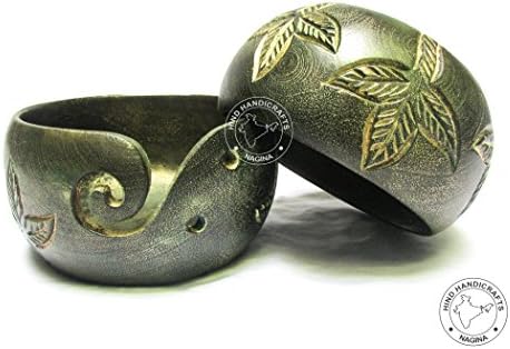 Premium Solid Dark Hard Wood Flowers Crafted Wooden Portable Antique Brass Green Yarn Bowl | Knitting | Crochet Holder | Hind Handicrafts (6 x 6 x 3 inch)
